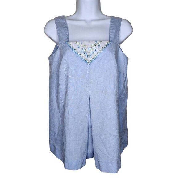 Vintage 70s Maternity Top Tank Womens Size Small Blue Embroidered Flowers - Picture 1 of 4
